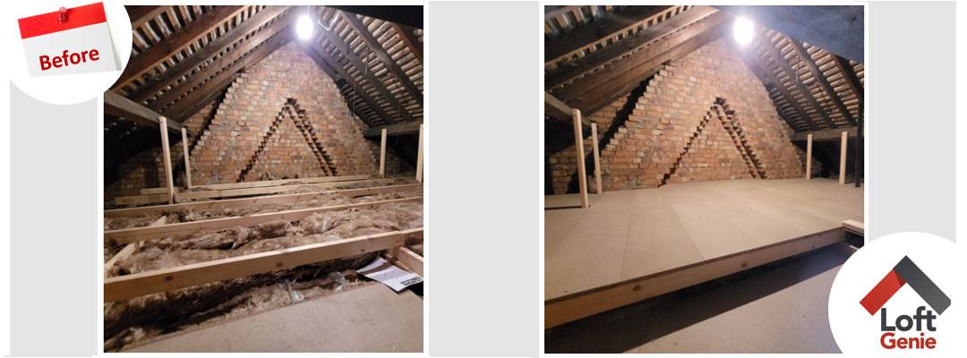 Before and after: a loft with loose, patchy insulation beside the same loft fully boarded
