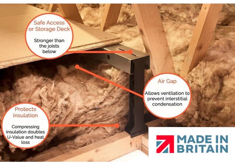 LoftZone cutaway diagram showing a raised storage deck above insulation, an air gap and protected wool